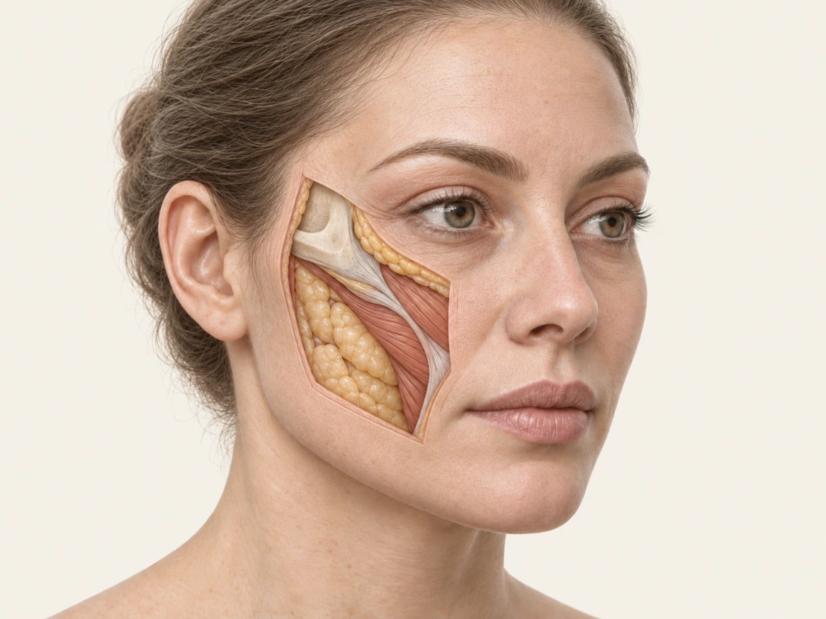 Gesicht in Dreiviertelansicht mit einem anatomischen Einblick in Fettgewebe, Muskulatur und Knochen im Wangenbereich.